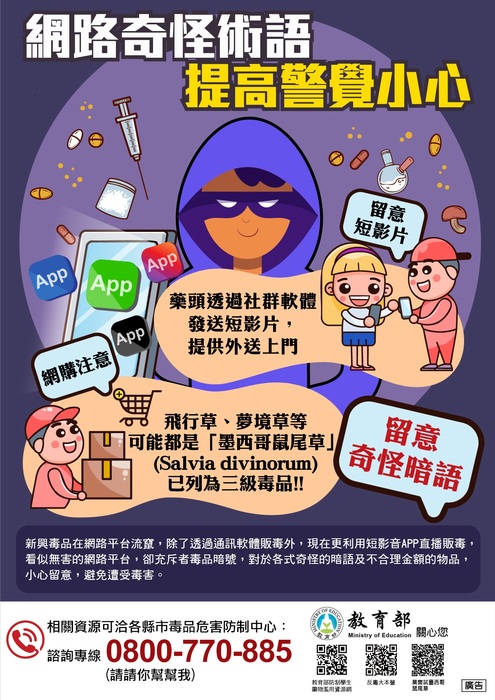 「網路奇怪術語 提高警覺小心」，網路平台可能暗藏毒品暗號，對於各式奇怪的暗語要提高警覺。